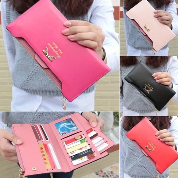Cute Bowknot PU Leather Wallet – Rose Pink | Long Zipper Clutch with Card Holder - Picture 2 of 9